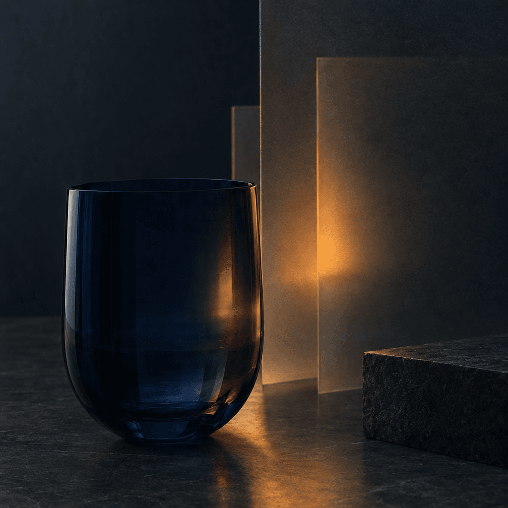 Soft amber light passing through layers of midnight-blue glass